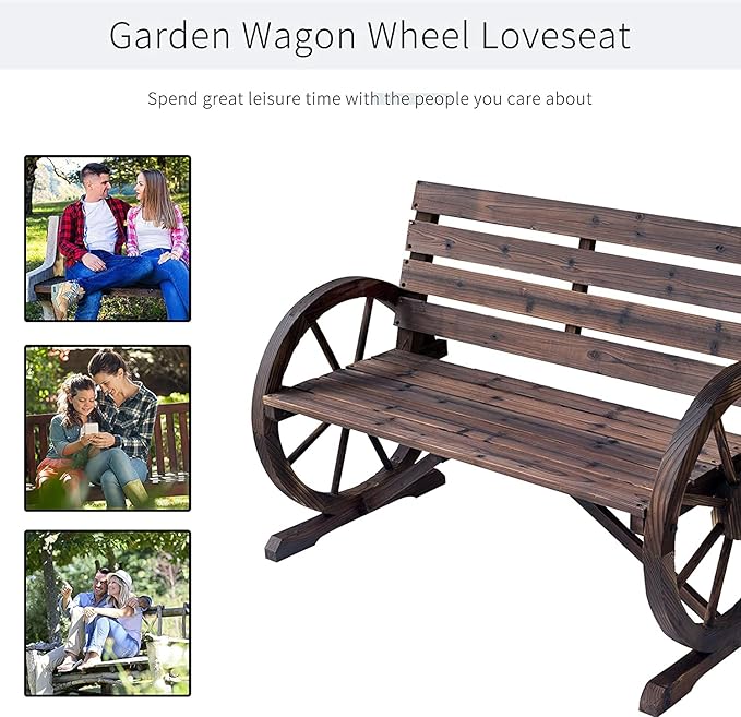 Ni-shore Wooden Wagon Wheel Bench Rustic Outdoor Patio Furniture, 2-Person Seat Bench with Backrest