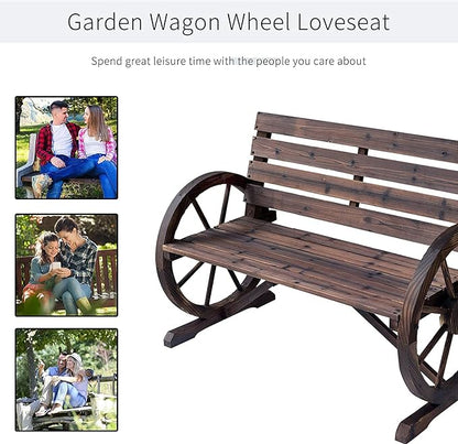 Ni-shore Wooden Wagon Wheel Bench Rustic Outdoor Patio Furniture, 2-Person Seat Bench with Backrest