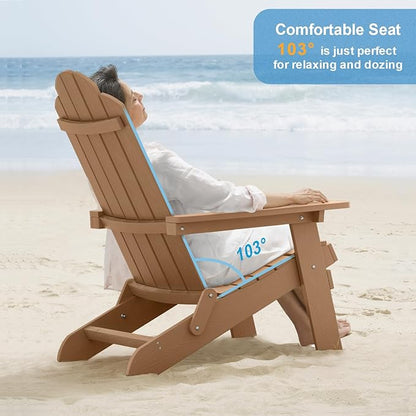 MXIMU Folding Adirondack Chair Set of 6 Weather Resistant Fire Pit Chairs Easy Assemble HIPS Plastic Outdoor Modern Adirondack Chairs for Patio, Lawn, Garden, Backyard, Deck（Teak）
