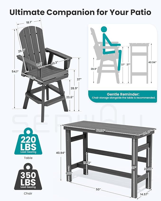 SERWALL 3-Piece Swivel Adirondack Bar Set, HDPE Swivel Bar Height Chairs Set of 2 with Bar Table - Photo 2
