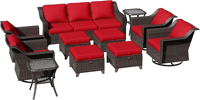 11 Pieces Patio Conversation Furniture Set - 1 Sofa, 4 Ottomans, 4 Swivel Chairs, 2 Side Tables - Photo 7