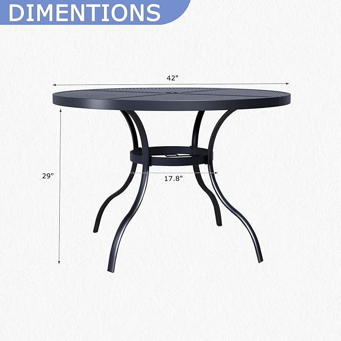 Round Patio Dining Table,All-Weather Metal Steel Mesh Patio Table with Umbrella Hole,Outdoor Dining Table for Lawn Garden Porch, Black
