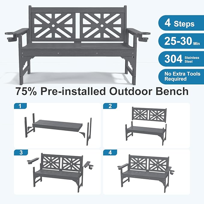 Oversized Outdoor Bench with Cup Holders, 51.5” HDPE Aesthetic Garden Bench for 2 Person, Memorial Benches - Easy Assembly & All Weather, for Porch & Patio, 800lbs Load Capacity (Grey, 1pc)