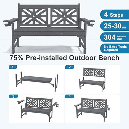 Oversized Outdoor Bench with Cup Holders, 51.5” HDPE Aesthetic Garden Bench for 2 Person, Memorial Benches - Easy Assembly & All Weather, for Porch & Patio, 800lbs Load Capacity (Grey, 1pc)