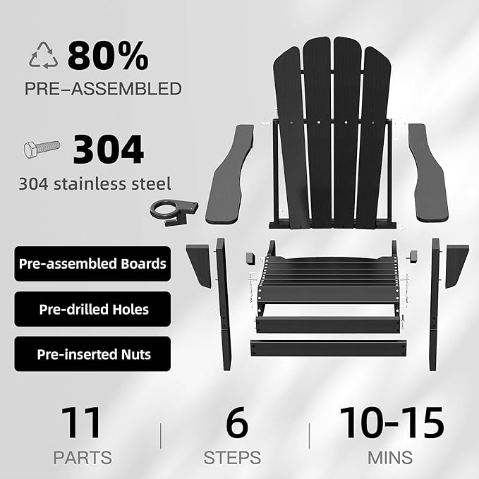 Domi Folding Adirondack Chair, HDPE All-Weather Outdoor Chair with Cup Holder, Wooden Textured Fire Pit Chair for Backyard, Patio, Poolside & Deck, Black