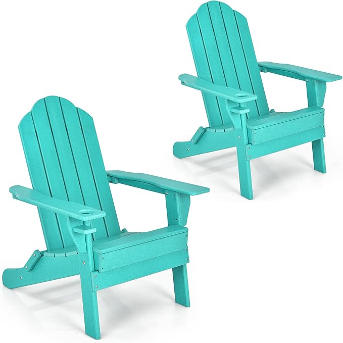 Giantex 2-Pack Adirondack Chair, Outdoor Folding Chairs, Weather Resistant Patio Chair with Cup Holder Lawn Chair for Patio, Garden, Backyard, Balcony, Deck Outside Fire Pit Chair (Turquoise)