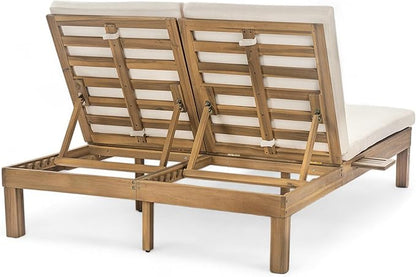 SOFTSEA Patio Double Chaise Lounge with 5-Position Adjustable Backrest, Outdoor Chaise Lounge with Cushions for 2 People, Wooden Outdoor Daybed with Folding Side Trays for Pool Backyard, Light Teak