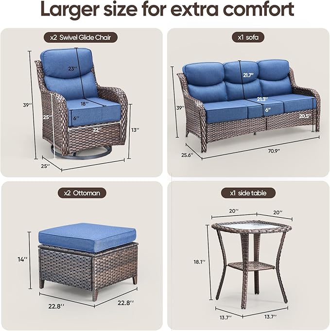 Swivel Patio Chairs sofa Set of 6 - 6" Thick Cushion - Wicker Outdoor Swivel Rocker Patio Chair, Sofa/Glass coffee table - Photo 2