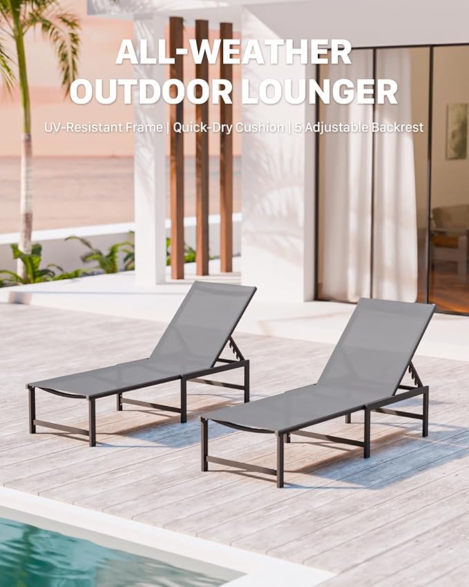 Chaise Lounge Chair Outdoor,Aluminum Patio Lounge Chairs Set of 2,Pool Lounge Chairs with 5 Adjustable Backrest and Headrest Pillows for Outside Beach,Gray
