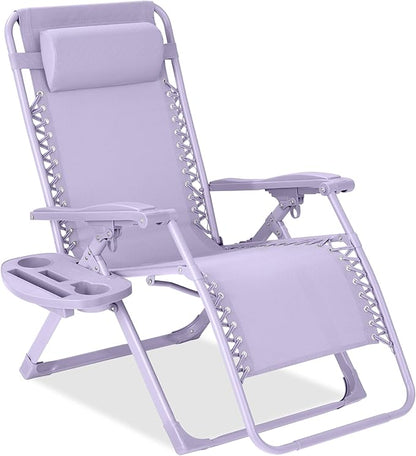 Best Choice Products Adjustable Zero Gravity Chair, Monochromatic Color Folding Patio Recliner w/Side Tray, Headrest - Lavender