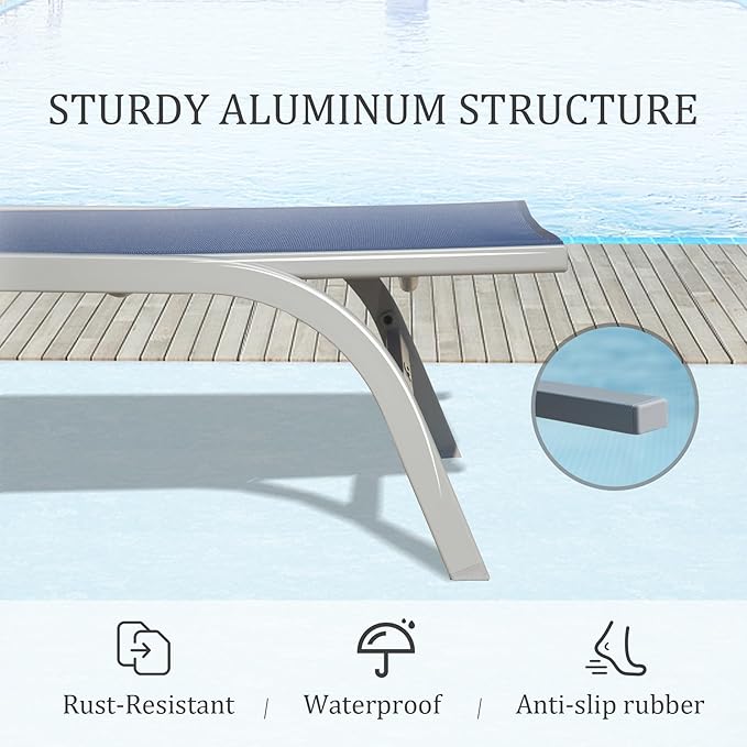 Domi Outdoor Chaise Lounge Chair with Wheels, Patio Lounge Chairs for Outside Set of 3, Sturdy Metal Frame with 5 Adjustable Position Recliner for Porch, Beach,Pool, Yard, Navy Blue