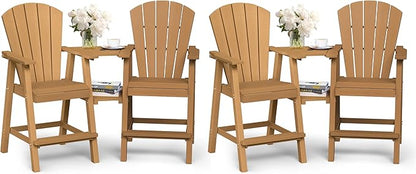 Ciokea Tall Adirondack Chairs Set of 4, HDPE Outdoor Adirondack Bar Stools with Double Connecting Tray, Weather Resistant High Back Adirondack Balcony Chairs for Deck, Lawn, Pool, Backyard, Teak