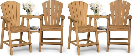 Ciokea Tall Adirondack Chairs Set of 4, HDPE Outdoor Adirondack Bar Stools with Double Connecting Tray, Weather Resistant High Back Adirondack Balcony Chairs for Deck, Lawn, Pool, Backyard, Teak