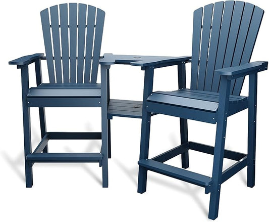 Outdoor Recycled Poly Adirondack Barstools with Connecting Tray, Tall Adirondack Chairs Bar Chairs for Deck, Balcony, Backyard, Patio Bar Stool Chair with High Back Weather Resistant Set of 2