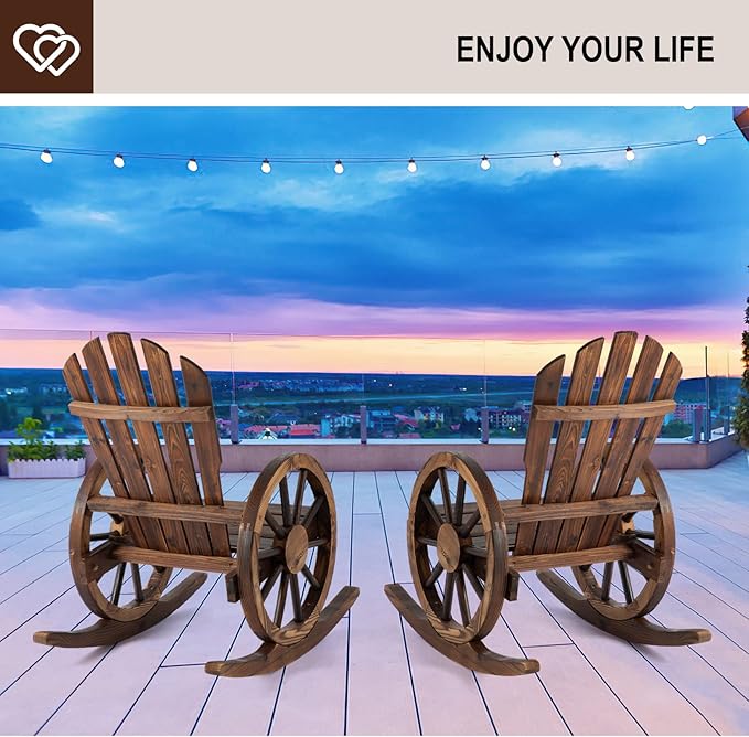 Outdoor Wood Rocking Chair Set of 2 - Patio Wagon Wheel Rocking Chair 2 PCS, Rustic Rocker Single Chairs for Country, Yard, Porch
