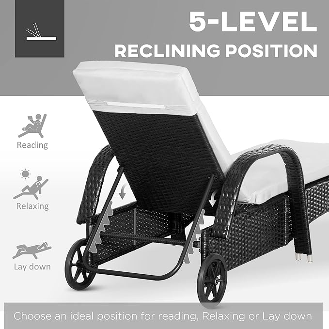 Outsunny Wicker Outdoor Chaise Lounge Chair Set of 3 with Side Table, 5-Level Adjustable Backrest PE Rattan Pool Lounge Chair with Wheels, Cushion & Headrest, Black and Cream White
