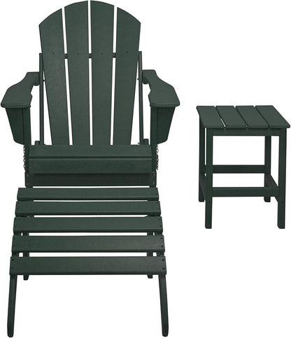 WestinTrends Malibu Outdoor Lounge Chairs, 3-Pieces Adirondack Chair Set with Ottoman and Side Table, All Weather Poly Lumber Patio Lawn Folding Chair for Outside Pool Garden Backyard, Dark Green