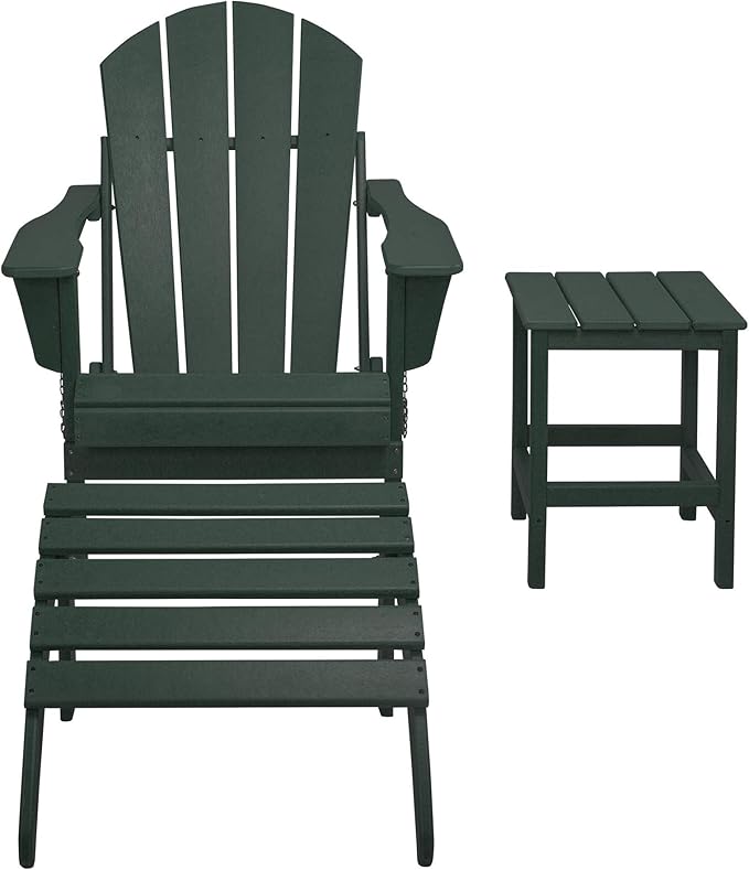 WestinTrends Malibu Outdoor Lounge Chairs, 3-Pieces Adirondack Chair Set with Ottoman and Side Table, All Weather Poly Lumber Patio Lawn Folding Chair for Outside Pool Garden Backyard, Dark Green
