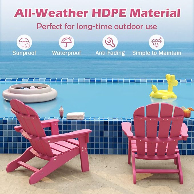 Costzon Adirondack Chair Set of 2, All-Weather HDPE Patio Chair with Armrests, Fire Pit Chair for Ages 3-8, Outdoor Patio Lounge Chair for Garden, Lawn, Backyard (Pink)