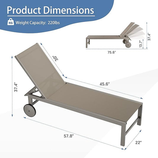 QAQA 2 PCS Outdoor Chaise Lounge with Wheels, Aluminum Patio Lounge Chair with 5 Adjustable Positions for Poolside, Beach, Yard, Khaki