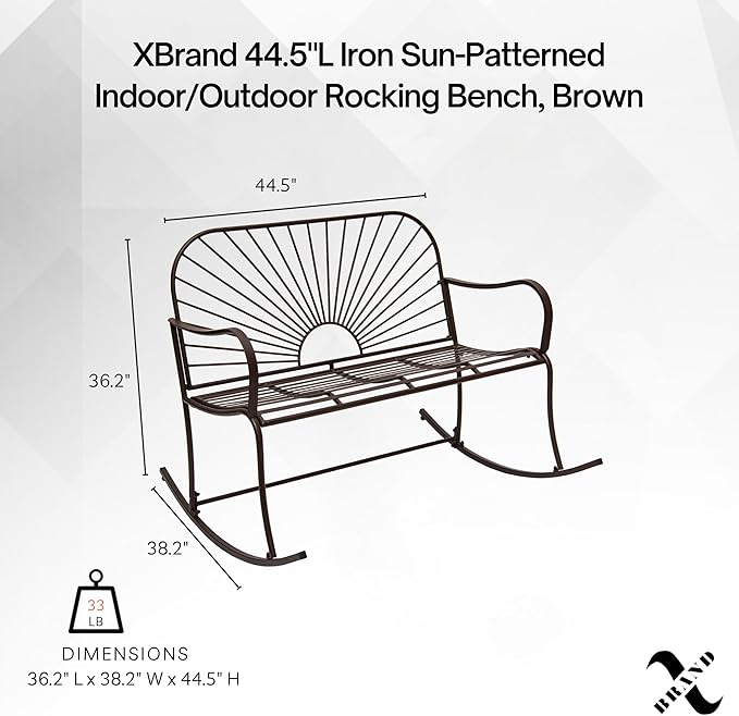 XBrand 44.5" L Iron Sun-Patterned Seat for Two Indoor/Outdoor Rocking Glider Bench, Durable Patio Glider Bench, Brown - Photo 3