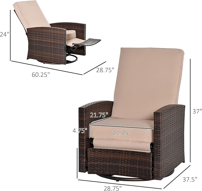 Outsunny Outdoor Wicker Swivel Recliner Chair, Reclining Backrest, Lifting Footrest, 360° Rotating Basic - Photo 3