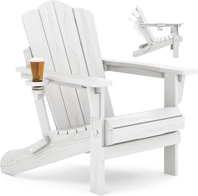 KINGYES Adjustable Folding Adirondack Chair, 3-Position Reclining Adirondack Chairs with Cup Holder, HDPE All-Weather Oversized Adirondack for Outdoor, Patio, Backyard Deck, Fire Pit, White