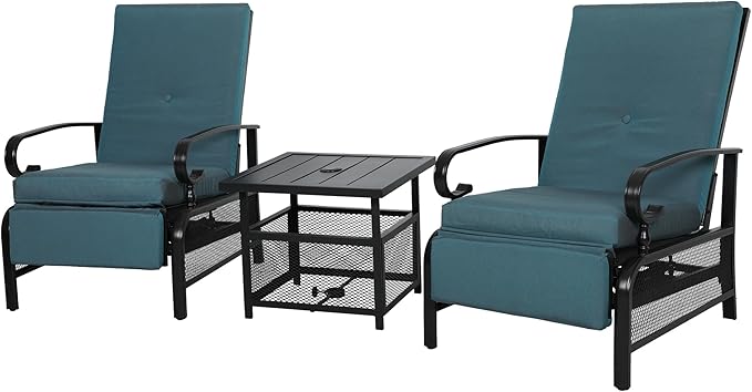 Incbruce 3 Pieces Outdoor Lounge Recliner Set, 2 Adjustable Metal Recliner Sofa Chair and Umbrella Stand Side Square Table Suitable for Garden, Pool, Yard (Peacock Blue)