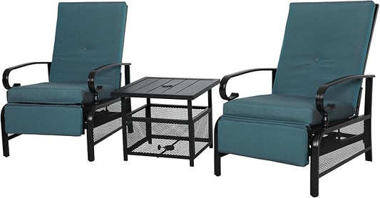 Incbruce 3 Pieces Outdoor Lounge Recliner Set, 2 Adjustable Metal Recliner Sofa Chair and Umbrella Stand Side Square Table Suitable for Garden, Pool, Yard (Peacock Blue)