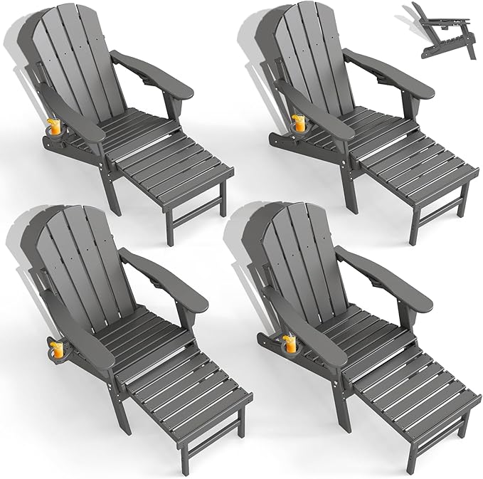 GREENVINES Adjustable Adirondack Chair with Retractable Ottoman Set of 4 | Folding | HDPE Plastic - Photo 1