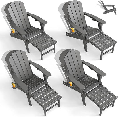 GREENVINES Adjustable Adirondack Chair with Retractable Ottoman Set of 4 | Folding | HDPE Plastic | Fire Pit Chairs w/Foot Rest | 2 Cup Holders | Grey | for Outdoor Patio Poolside Deck
