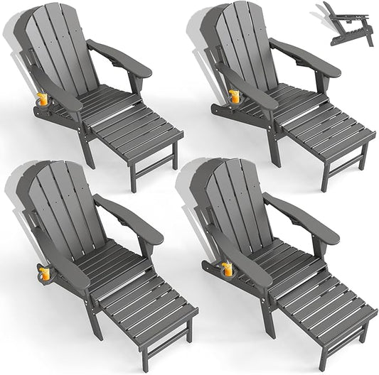 GREENVINES Adjustable Adirondack Chair with Retractable Ottoman Set of 4 | Folding | HDPE Plastic | Fire Pit Chairs w/Foot Rest | 2 Cup Holders | Grey | for Outdoor Patio Poolside Deck