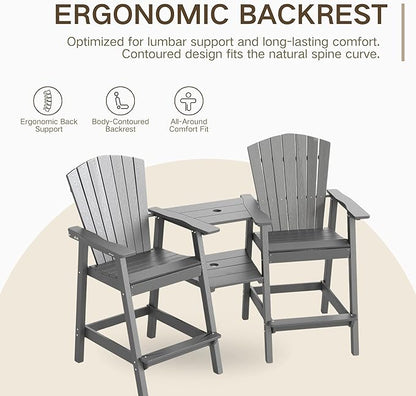 Kingdura Tall Adirondack Chairs Set of 2 with Removable Connecting Tray & 2" Umbrella Hole, Weather-Resistant HDPE Bar Height Outdoor Chairs, Wood-Look Balcony Bar Stools for Patio, Deck, Porch (Grey)