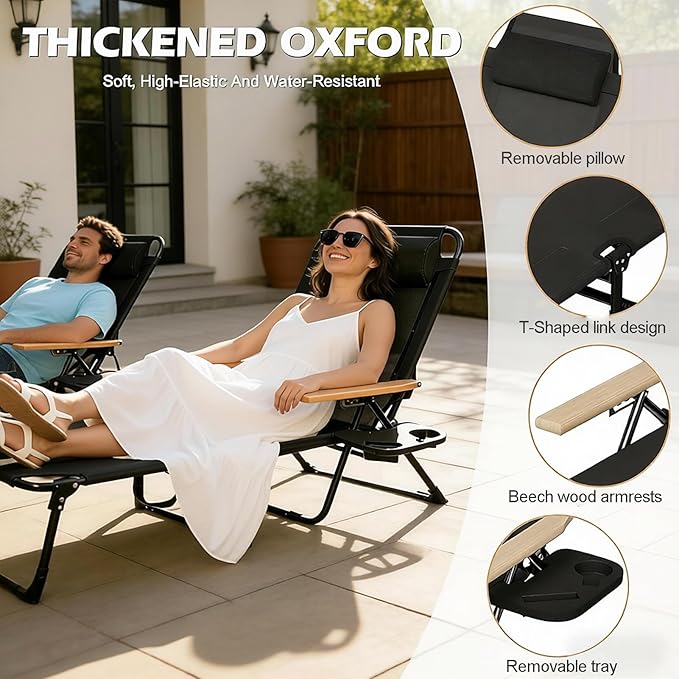 Folding Outdoor Chaise Lounge Chair, Portable Camping Cot with Headrest, 4 Position Beach Lounge with Cup Holders & Wooden Armrests, Sun Tanning Chair for Patio Pool Lawn, Supports 350lbs (Black)