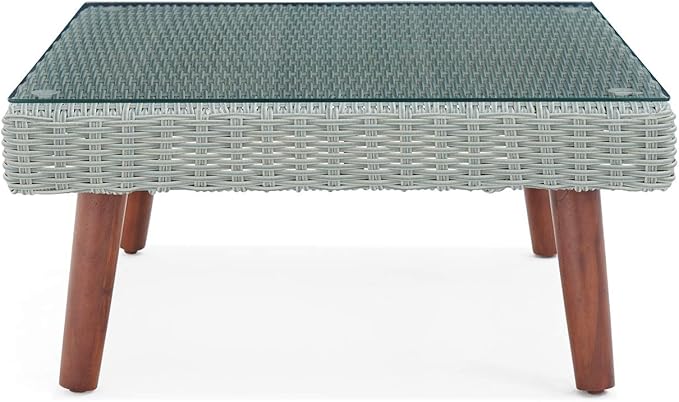 Alaterre Furniture Albany All-Weather Wicker Outdoor Gray 29" Square Coffee Table with Glass Top, brown