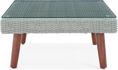Alaterre Furniture Albany All-Weather Wicker Outdoor Gray 29" Square Coffee Table with Glass Top, brown