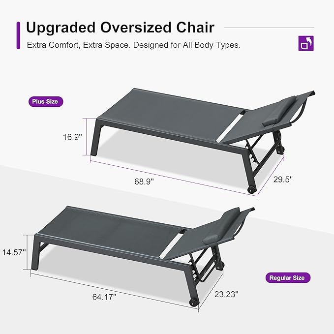 PURPLE LEAF Outdoor Oversized Lounge Chair Set Patio Chaise Pool Lounger Aluminum Frame with 2 Side Table and Wheels - Photo 3