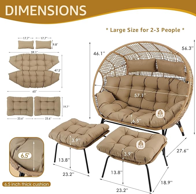 NICESOUL Indoor Outdoor Double Egg Chair with Footstools & 6.5" Thick Cushions - Photo 3