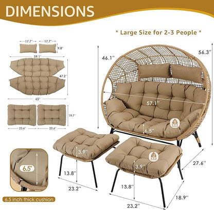 NICESOUL Indoor Outdoor Double Egg Chair with Footstools & 6.5" Thick Cushions, Oversized Wicker Egg Shaped Chair with Footrest, Stationary 2 Seater Comfy Loveseat for Patio Backyard Garden Sunroom