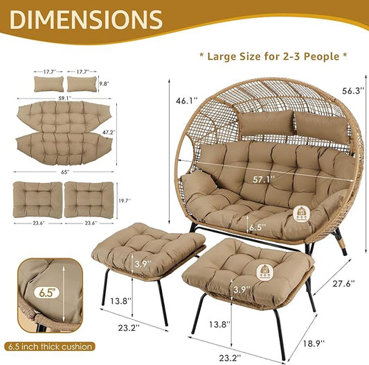 NICESOUL Double Egg Chair with Footstools & Cushions, Oversized Wicker Boho Chair Extra Large with Footrests Stationary 2 Person Loveseat Comfort Deep Seating for Indoor Outdoor