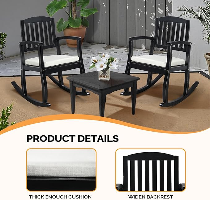 VINGLI Patio Rocking Chair with Cushion, Wood Rocking Bench with Comfortable Backrest, Outdoor Wooden Rocker Support 450 LBS for Indoors & Outdoors (Black, 1 PCS)
