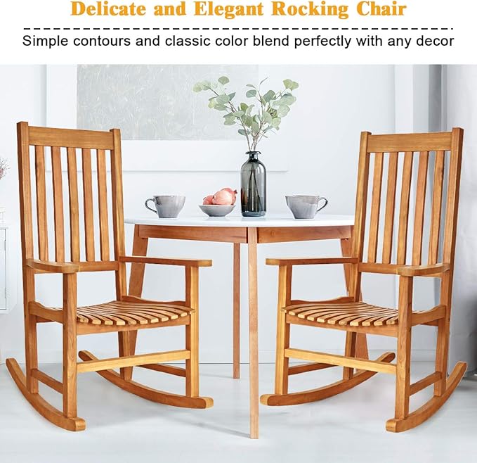 Giantex Rocking Chair Acacia Wood Frame, Porch Rocker Outdoor& Indoor for Garden, Lawn, Balcony, Backyard and Patio Porch Rocker (2, Natural)