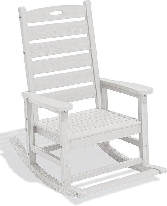 SERWALL HDPE Outdoor Rocking Chair, Oversized Rocking Chair with Footboard, High Back Porch Rocker Chair with 350lbs Support, White