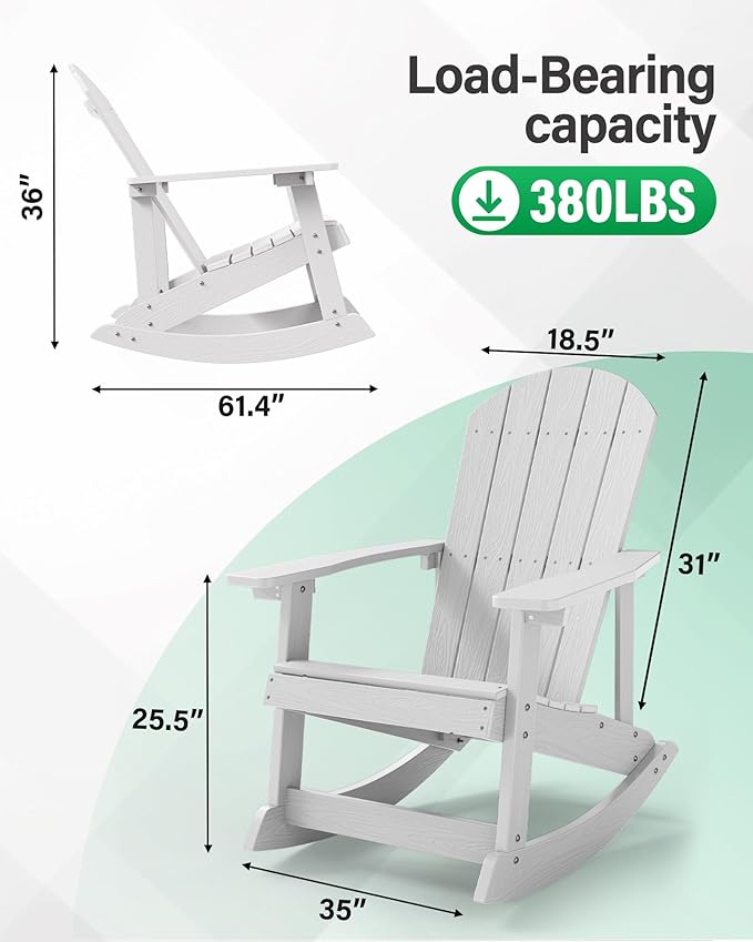 YEFU Outdoor Rocking Chair,Adirondack Rocking Chair,Patio Rocker Chair with Wide Back,Oversized Rocker Chair Look Like Real Wood, for Lawn, Porch, Backyard, Indoor and Garden(White)