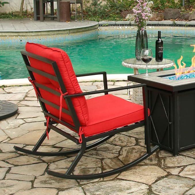 BALI OUTDOORS Patio Rocker Chair Rocking Chairs 2 Piece Modern Outdoor Furniture Red Thick Cushions, Black Steel Frame