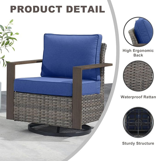 Rilyson Outdoor Wicker Patio Furniture Set - 5 Piece Patio Conversation Set with 2 Wicker Swivel Rocker Chairs,2 Ottoman, 1 Side Table, Thick Cushions, Deep Seating, Wide Armrest(Mixed Grey/Blue)