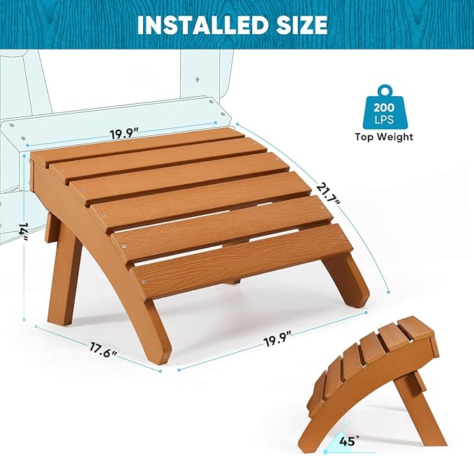 Adirondack Ottoman Set of 4, Plastic Folding Adirondack Footstool, All Weather Ottoman for Adirondack Chairs, Widely Used for Outdoor, Porch, Patio, Garden, Poolside, Fire Pits - Teak