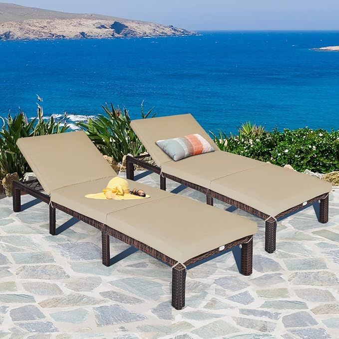 COSTWAY 2PCS Patio Rattan Lounge Chair, 6-Gear Adjustable Chasie Lounge, Outdoor Recliner for Deck, Backyard (Brown) - Photo 1