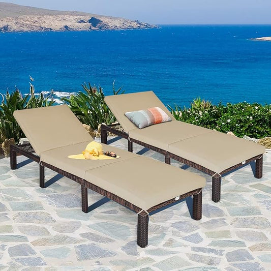 COSTWAY 2PCS Patio Rattan Lounge Chair, 6-Gear Adjustable Chasie Lounge, Outdoor Recliner for Deck, Backyard (Brown)