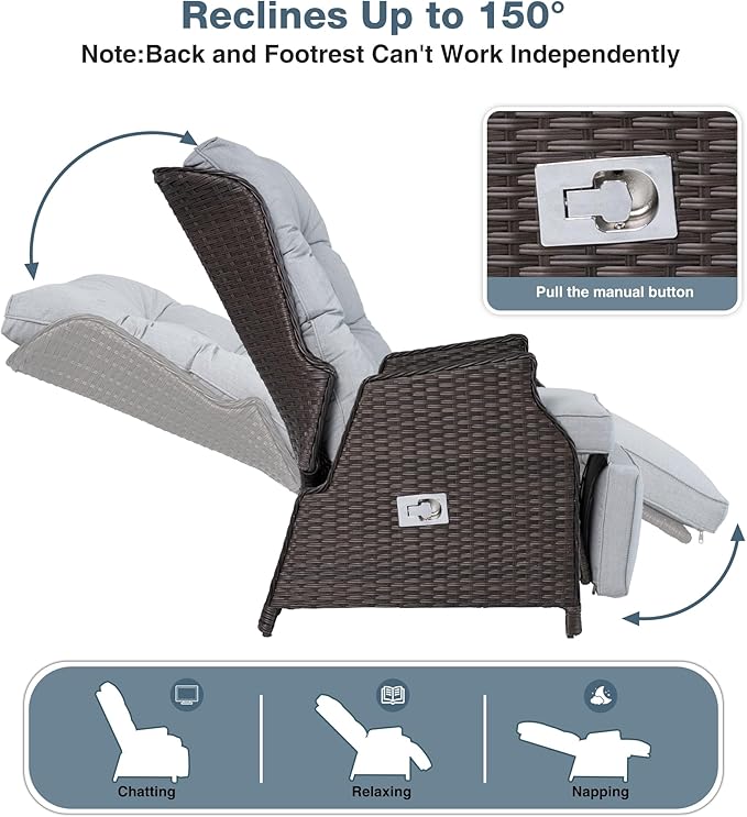 Outdoor Indoor Wicker Recliner with Adjustable Back and Footrest, Patio Reclining Chair with Flip-up Table - Photo 3